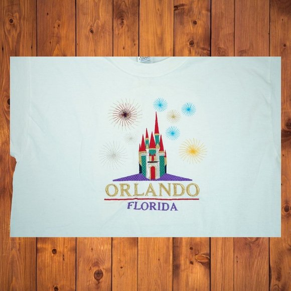 VINTAGE Florida Men T-Shirt Large White Graphic Orlando Castle Embroidered NEW - Picture 3 of 5